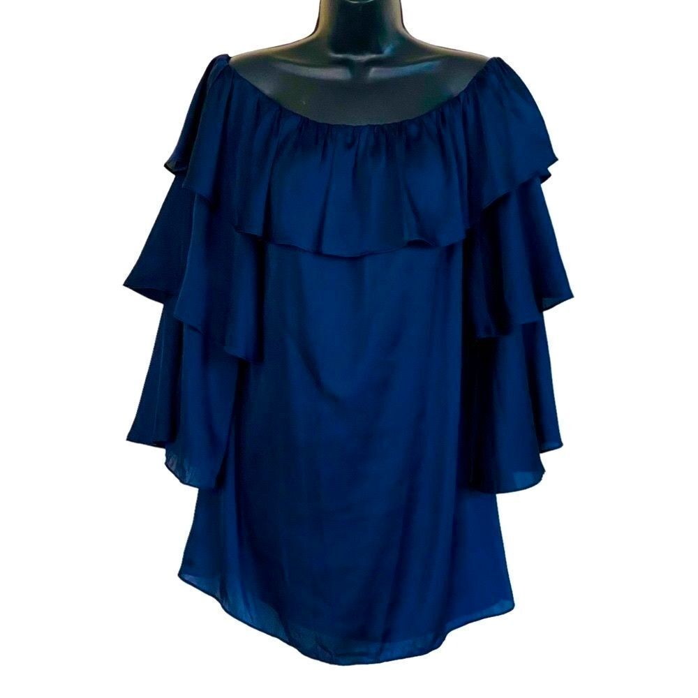 Lovers + Friends Indigo Navy Blue Tiered Ruffle Sleeve Tunic Top Sz M